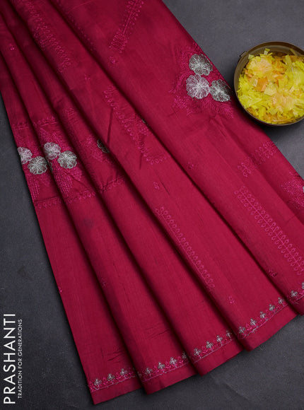 Semi raw silk saree dark pink with allover embroidery buttas and embroidery border