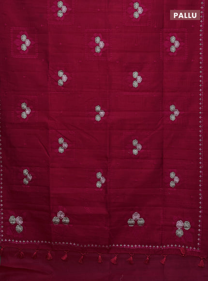 Semi raw silk saree dark pink with allover embroidery buttas and embroidery border