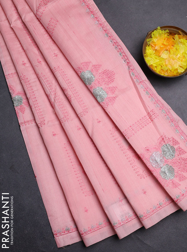 Semi raw silk saree mild peach with allover embroidery buttas and embroidery border