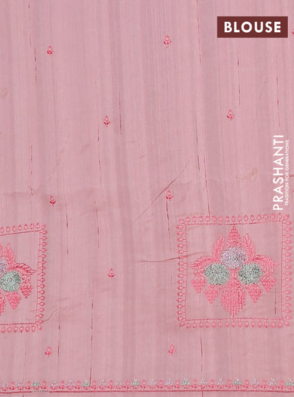 Semi raw silk saree mild peach with allover embroidery buttas and embroidery border