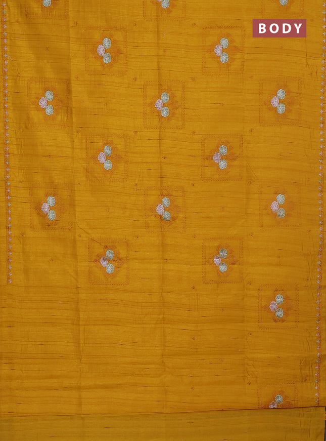 Semi raw silk saree mustard yellow with allover embroidery buttas and embroidery border