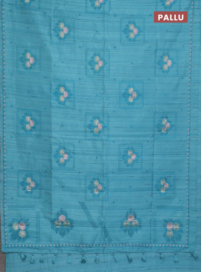 Semi raw silk saree teal blue with allover embroidery buttas and embroidery border
