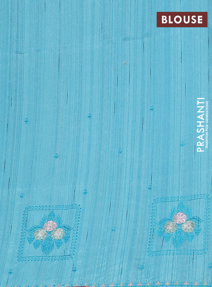 Semi raw silk saree teal blue with allover embroidery buttas and embroidery border