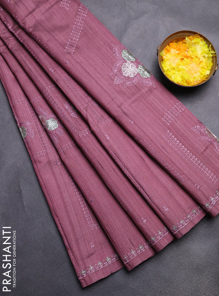 Semi raw silk saree rosy brown with allover embroidery buttas and embroidery border