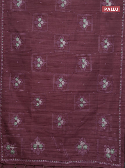 Semi raw silk saree rosy brown with allover embroidery buttas and embroidery border