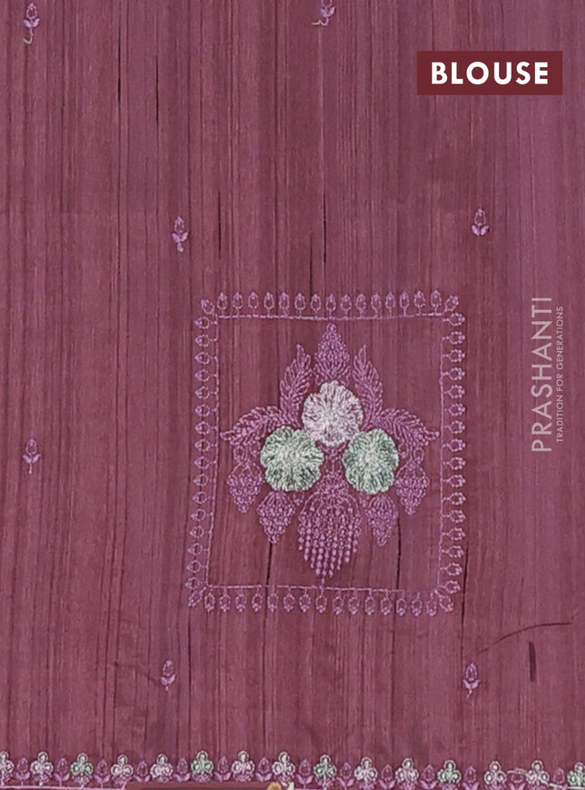 Semi raw silk saree rosy brown with allover embroidery buttas and embroidery border