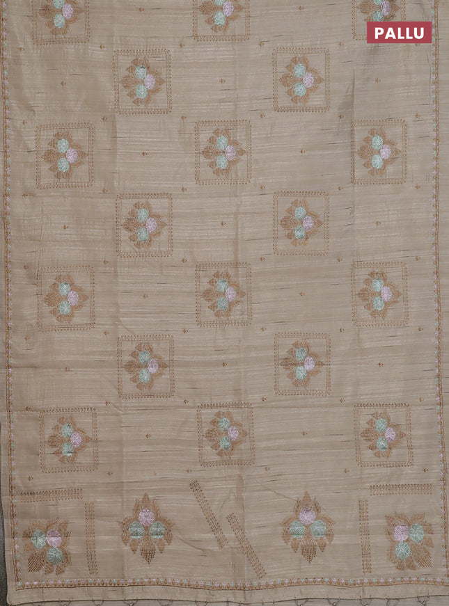 Semi raw silk saree beige with allover embroidery buttas and embroidery border