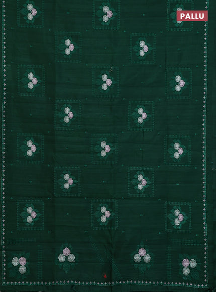 Semi raw silk saree green with allover embroidery buttas and embroidery border