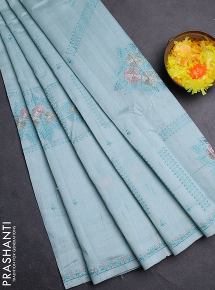 Semi raw silk saree pastel blue with allover embroidery buttas and embroidery border