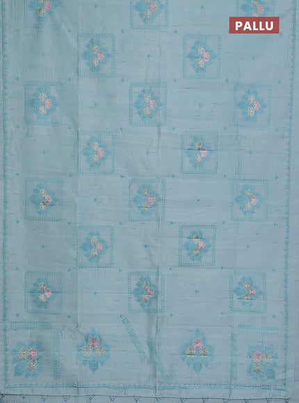 Semi raw silk saree pastel blue with allover embroidery buttas and embroidery border