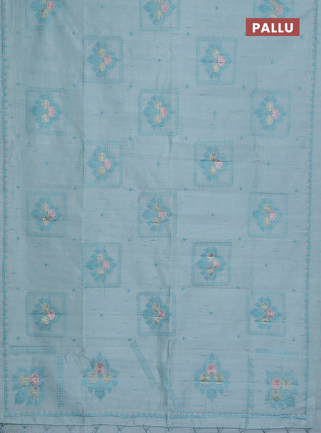 Semi raw silk saree pastel blue with allover embroidery buttas and embroidery border