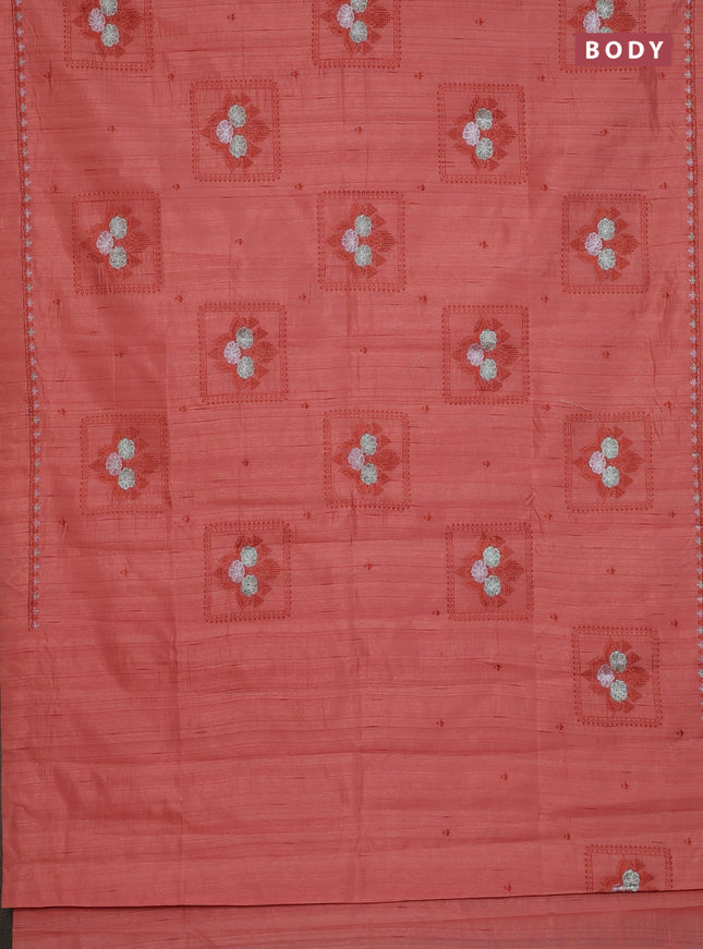 Semi raw silk saree dark peach with allover embroidery buttas and embroidery border