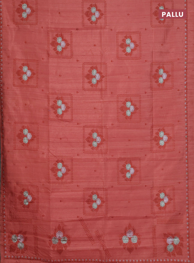 Semi raw silk saree dark peach with allover embroidery buttas and embroidery border