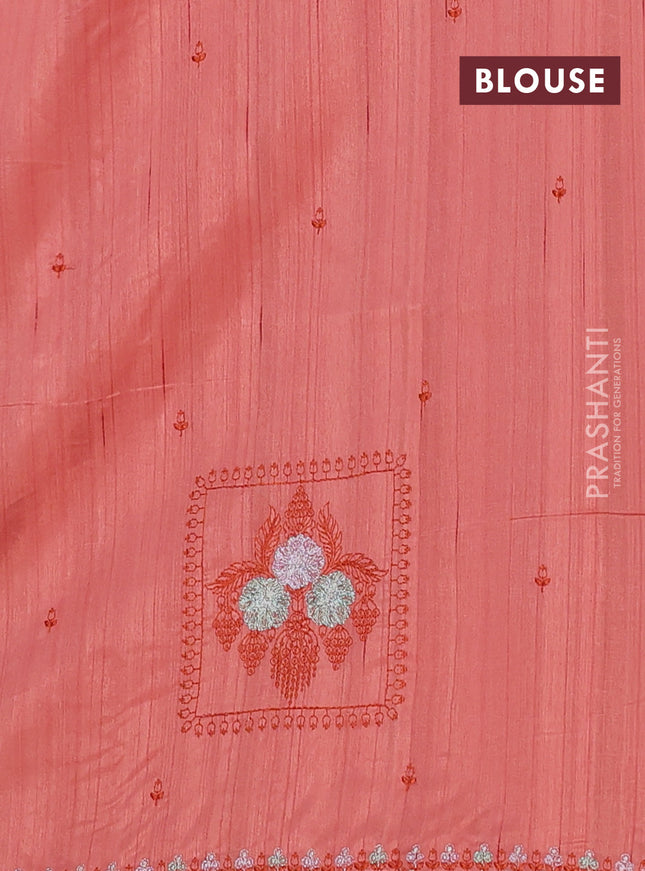 Semi raw silk saree dark peach with allover embroidery buttas and embroidery border