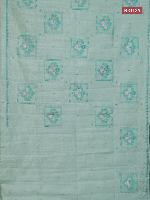 Semi raw silk saree pastel green with allover embroidery buttas and embroidery border
