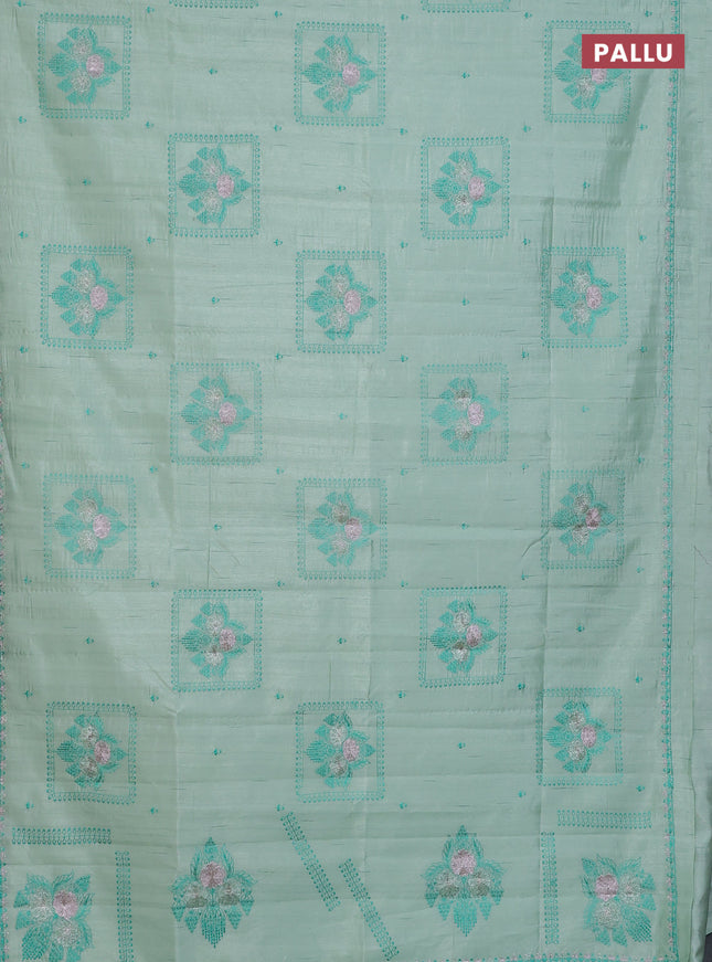 Semi raw silk saree pastel green with allover embroidery buttas and embroidery border