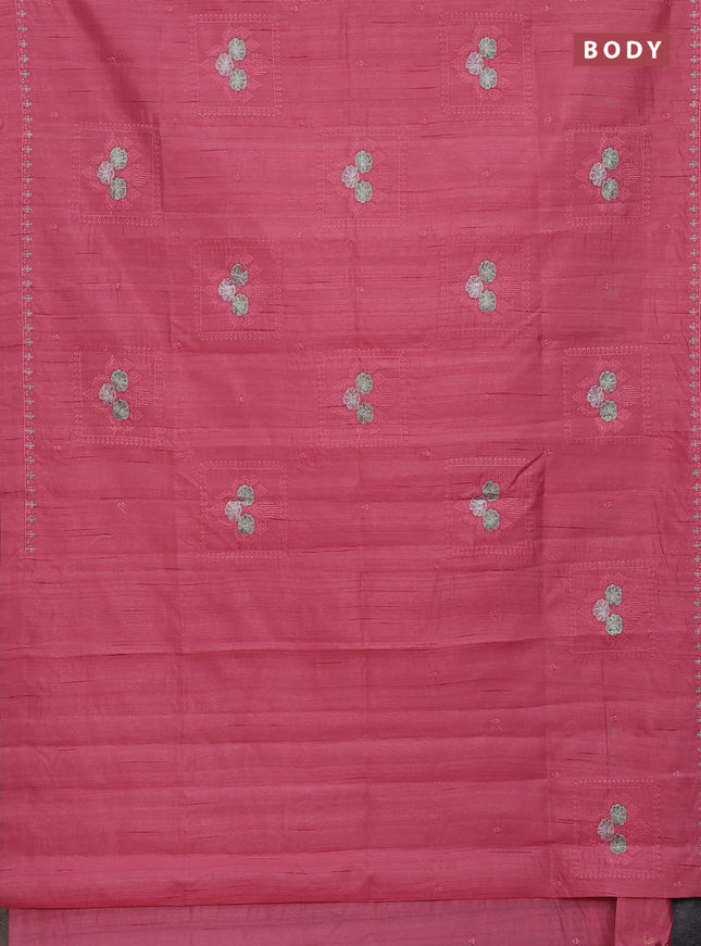 Semi raw silk saree peach pink with allover embroidery buttas and embroidery border