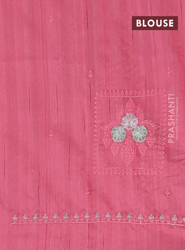Semi raw silk saree peach pink with allover embroidery buttas and embroidery border