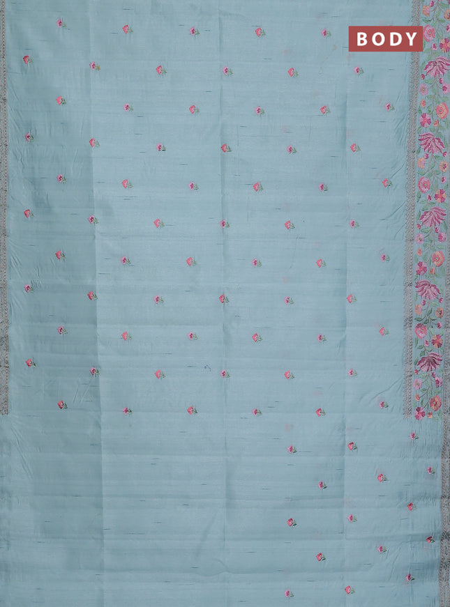 Semi raw silk saree pastel blue with embroidery buttas and floral embroidery border