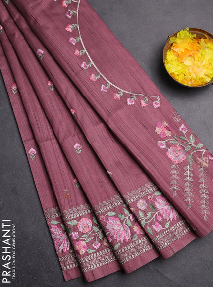 Semi raw silk saree pastel purple shade with embroidery buttas and floral embroidery border
