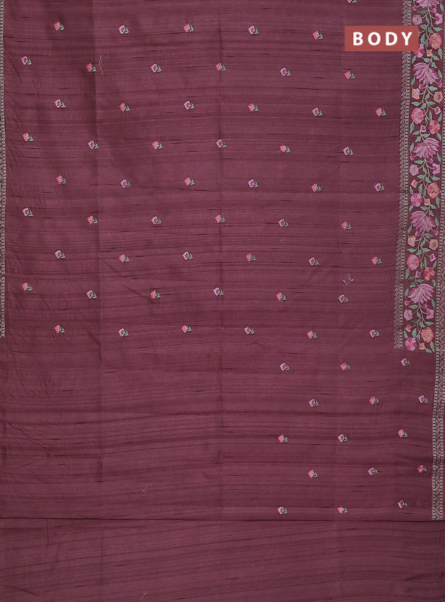Semi raw silk saree pastel purple shade with embroidery buttas and floral embroidery border