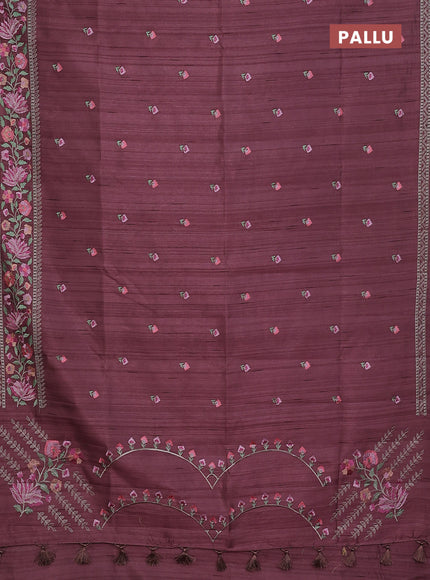 Semi raw silk saree pastel purple shade with embroidery buttas and floral embroidery border