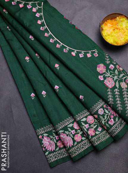 Semi raw silk saree green with embroidery buttas and floral embroidery border