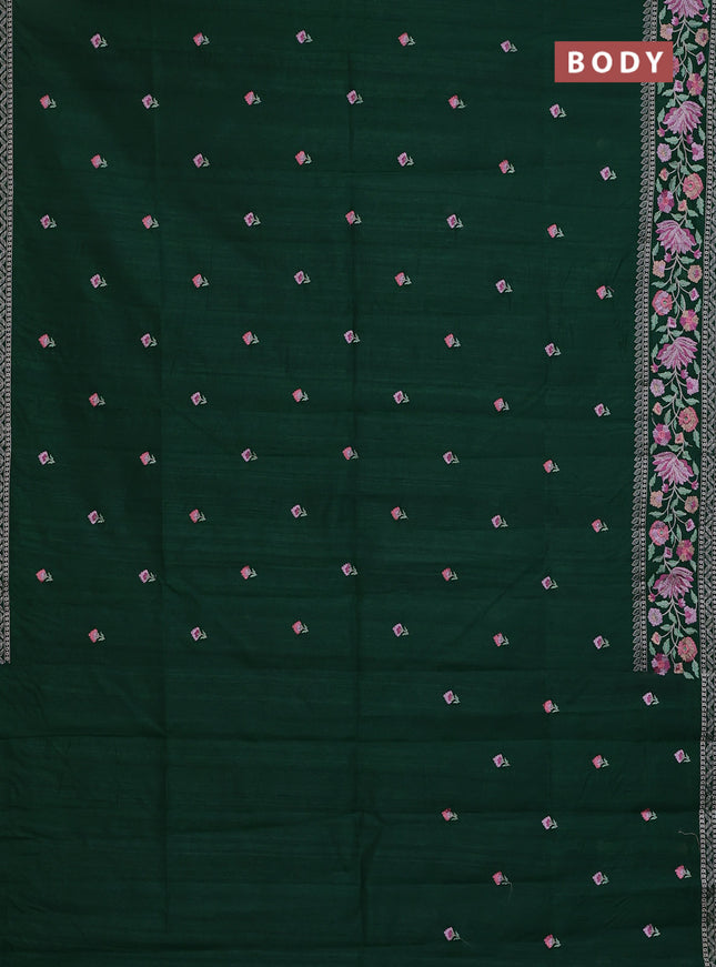 Semi raw silk saree green with embroidery buttas and floral embroidery border