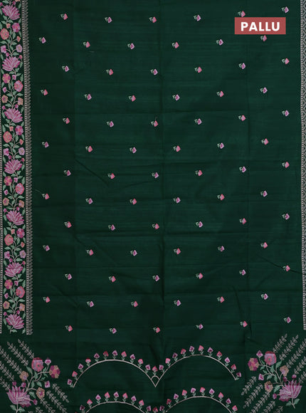 Semi raw silk saree green with embroidery buttas and floral embroidery border