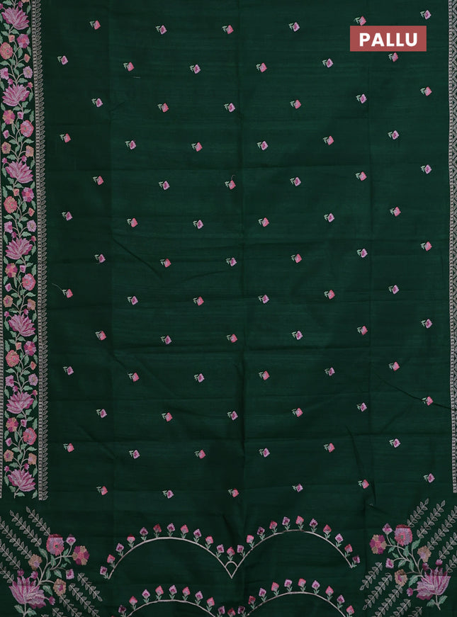 Semi raw silk saree green with embroidery buttas and floral embroidery border