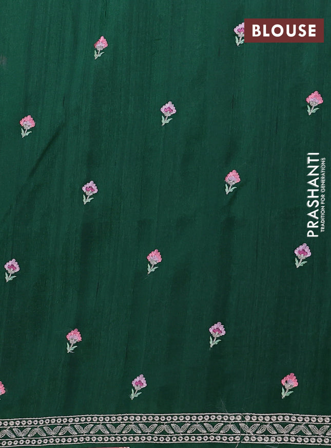 Semi raw silk saree green with embroidery buttas and floral embroidery border