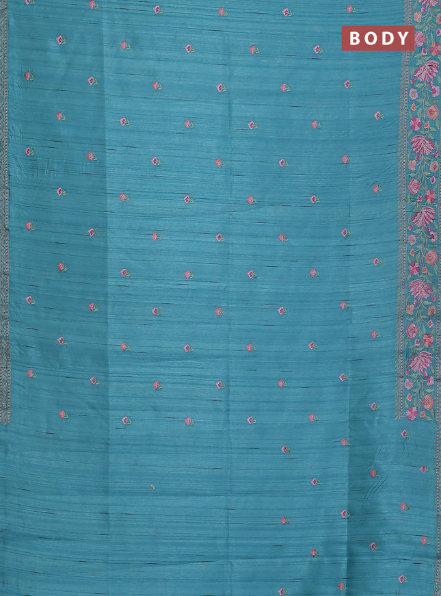 Semi raw silk saree teal blue with embroidery buttas and floral embroidery border