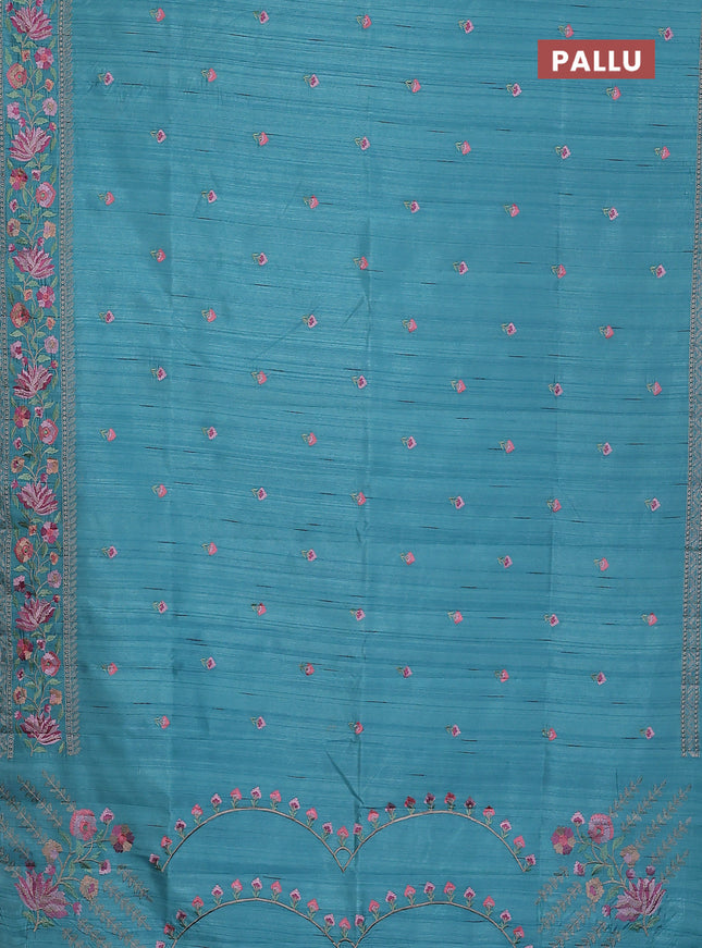 Semi raw silk saree teal blue with embroidery buttas and floral embroidery border