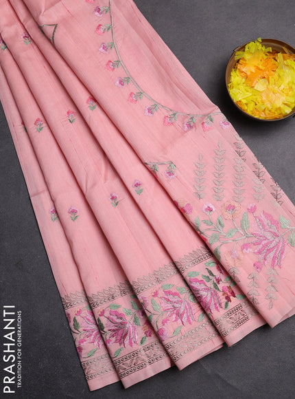 Semi raw silk saree mild peach pink with embroidery buttas and floral embroidery border