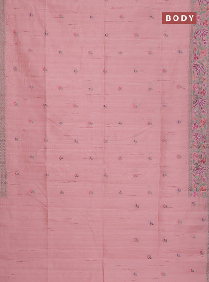 Semi raw silk saree mild peach pink with embroidery buttas and floral embroidery border