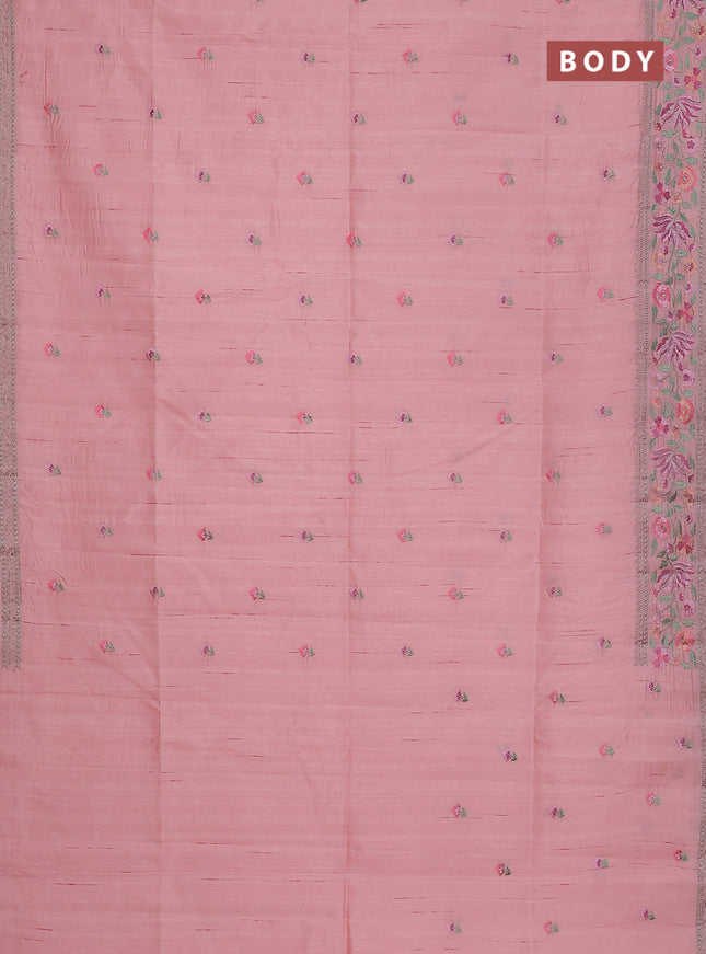 Semi raw silk saree mild peach pink with embroidery buttas and floral embroidery border