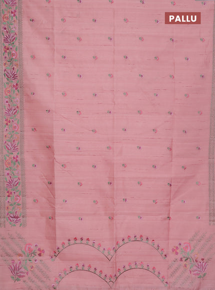Semi raw silk saree mild peach pink with embroidery buttas and floral embroidery border