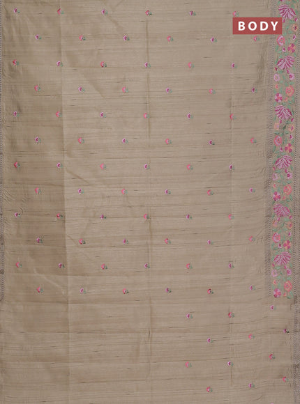 Semi raw silk saree beige with embroidery buttas and floral embroidery border