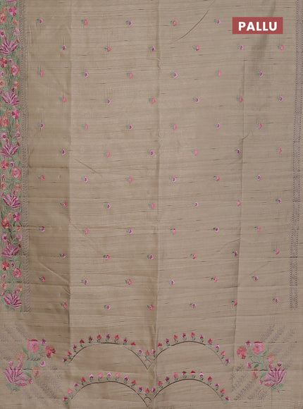 Semi raw silk saree beige with embroidery buttas and floral embroidery border