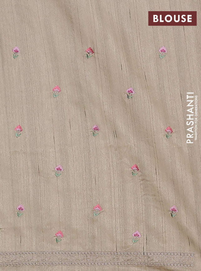 Semi raw silk saree beige with embroidery buttas and floral embroidery border