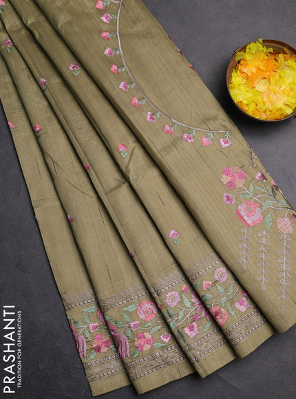 Semi raw silk saree olive green with embroidery buttas and floral embroidery border