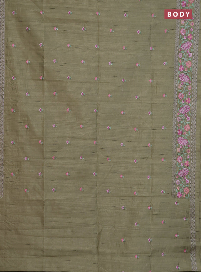 Semi raw silk saree olive green with embroidery buttas and floral embroidery border