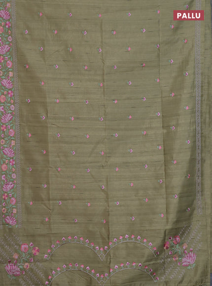 Semi raw silk saree olive green with embroidery buttas and floral embroidery border
