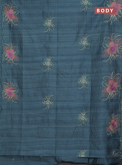 Semi raw silk saree pastel blue shade with plain body and floral embroidery border