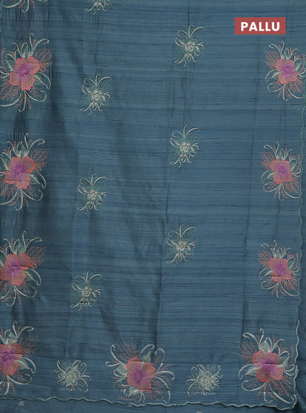 Semi raw silk saree pastel blue shade with plain body and floral embroidery border