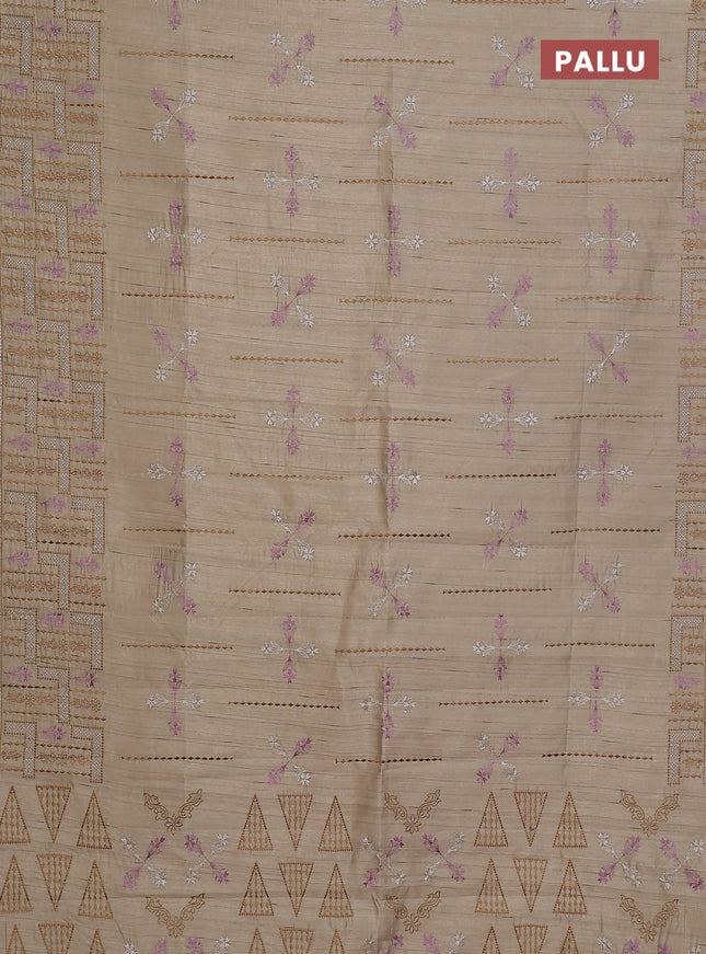 Semi raw silk saree beige with allover embroidery work and embroidery border