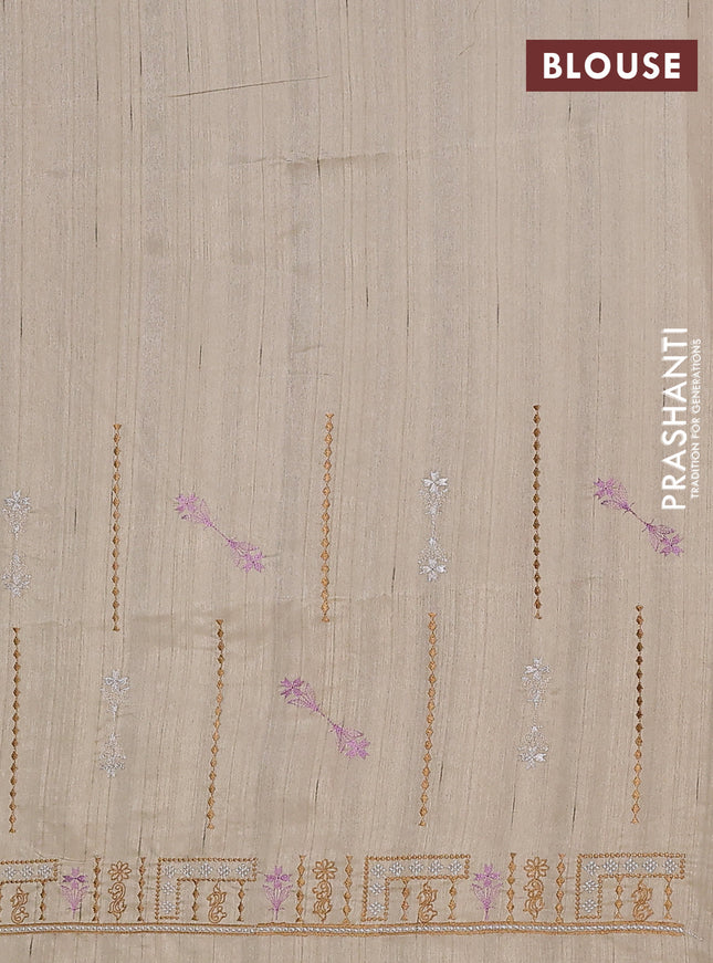 Semi raw silk saree beige with allover embroidery work and embroidery border