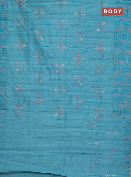 Semi raw silk saree teal blue with allover embroidery work and embroidery border