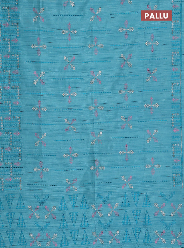 Semi raw silk saree teal blue with allover embroidery work and embroidery border