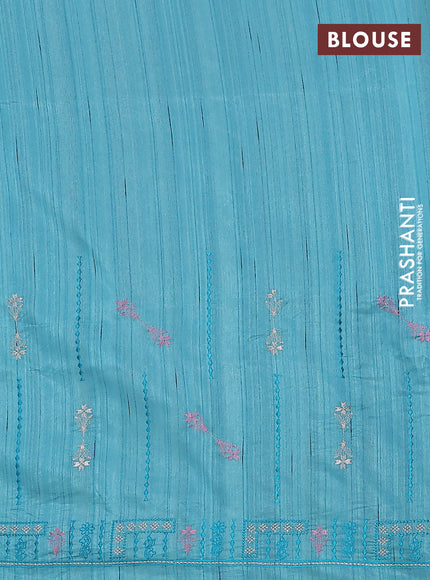 Semi raw silk saree teal blue with allover embroidery work and embroidery border